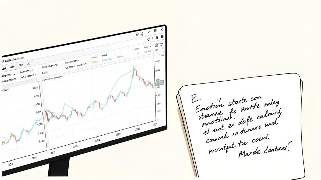 Close-up of a professional trading screen showing entry and exit points, with a handwritten notebook next to it noting emotional state and market context