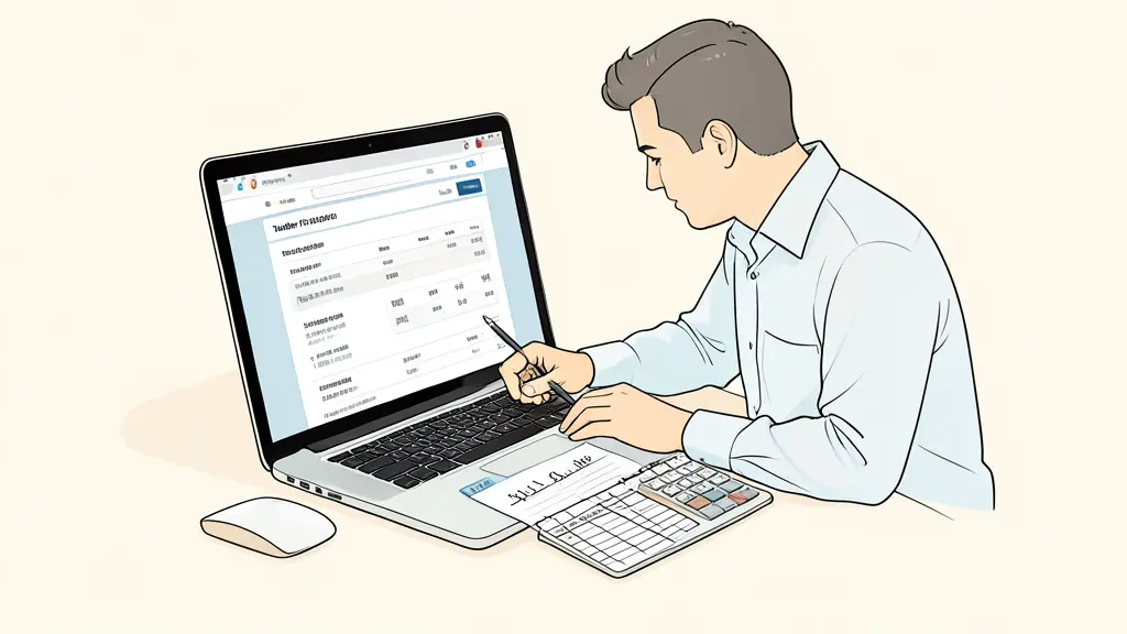 Trader comparing an official pricing page on a laptop with a handwritten cost table and calculator, editorial photography, no visible text or logos