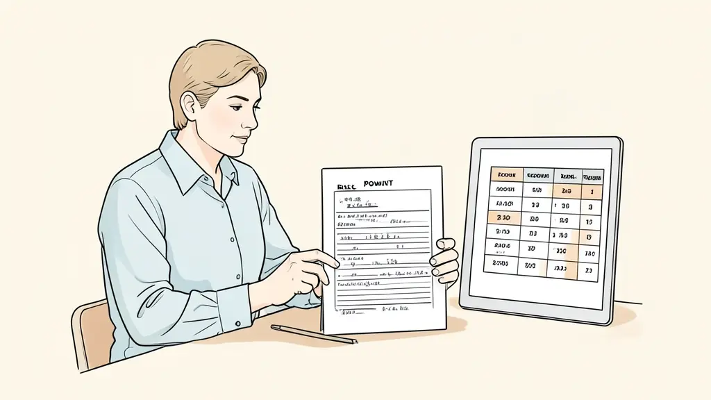 trader comparing a written risk checklist, account pricing table and payout calendar on a desk