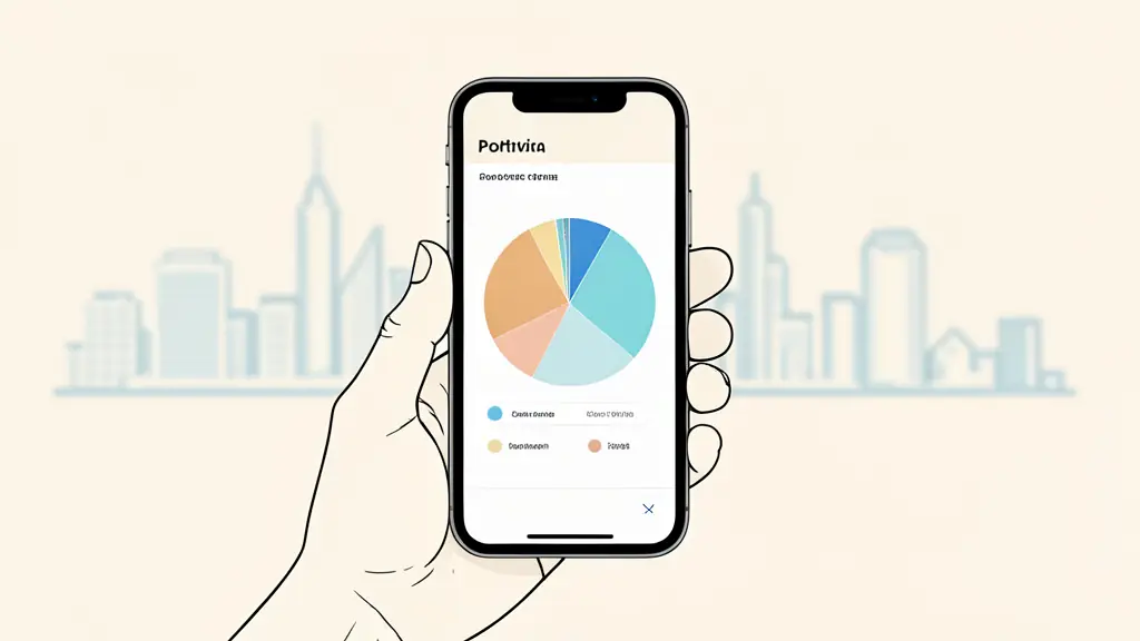 Editorial photography of a modern smartphone displaying a colorful interactive portfolio pie chart, hand holding the phone, blurred financial district background