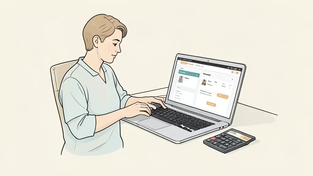 trader comparing two checkout pages on a laptop, calculator beside a payment card, neutral home office
