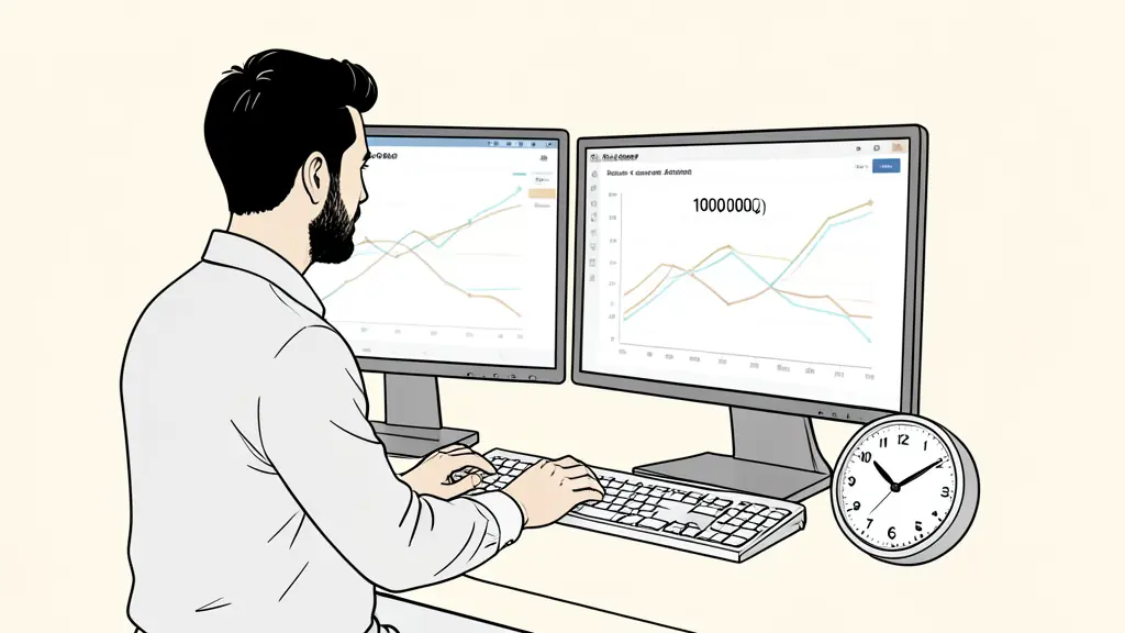 A trader reviewing an equity curve on two monitors, a risk calculator showing a 100,000 euro account, an analog clock beside the keyboard, editorial photography, no text, no logo