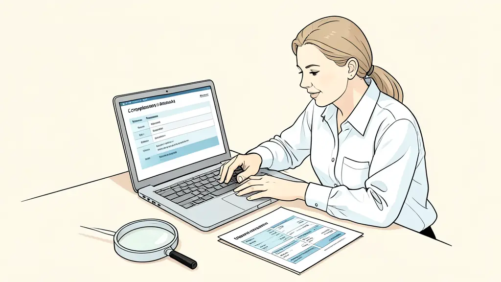 A compliance analyst comparing company registration details on a laptop, printed payment records on the desk, a magnifying glass beside the documents, editorial photography, no text, no logo