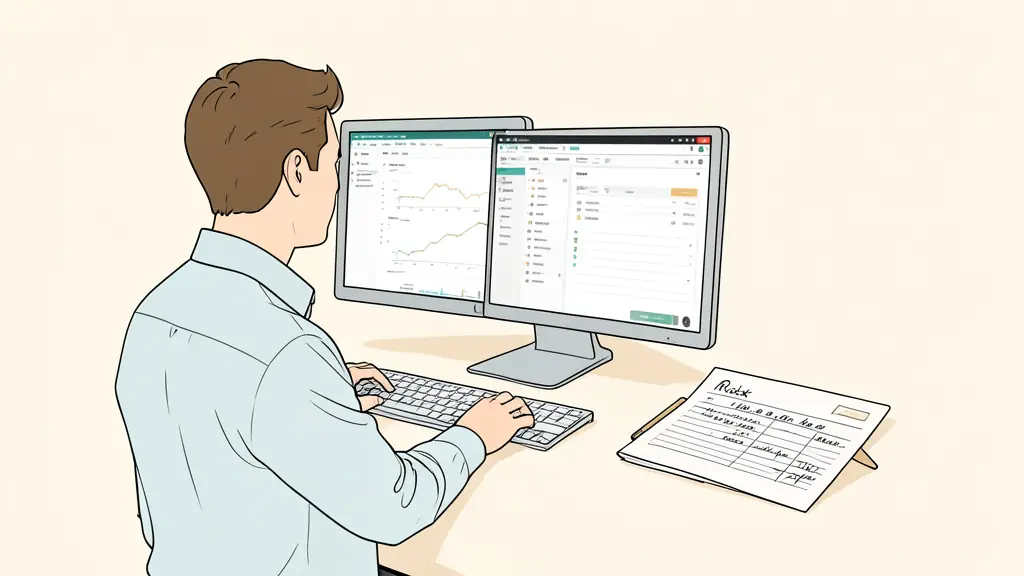 Trader reviewing a simulated account dashboard on two monitors, payment receipt beside a handwritten risk plan, editorial photography without text or logos