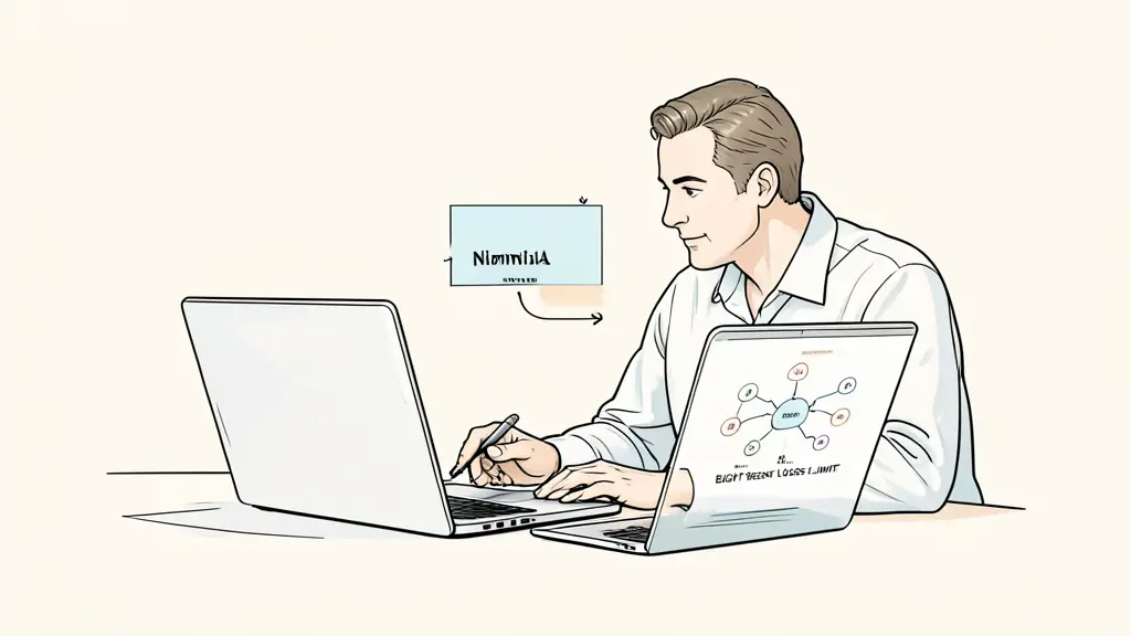 Analyst comparing a nominal account balance with an eight percent loss limit, broker connection diagram visible on a laptop, editorial photography without text or logos