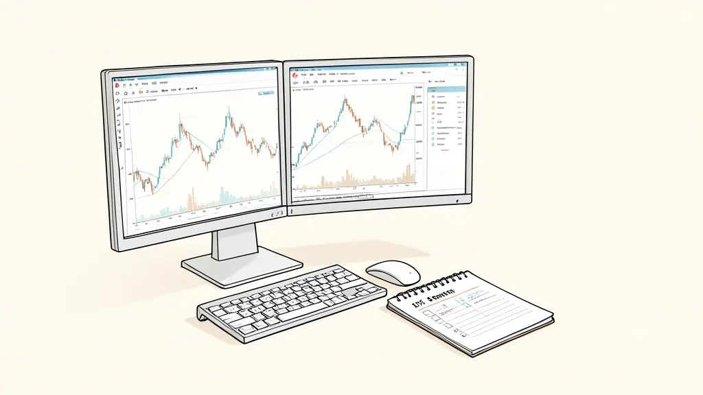 Editorial photography of a professional trading workstation with two monitors displaying financial charts, focusing on a 10% and 5% profit target checklist on a notepad next to the keyboard.