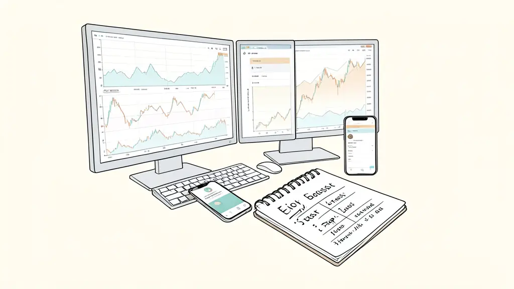 A professional trading workspace with multiple monitors showing price charts, a smartphone displaying a push notification alert, and a notebook with entry and stop-loss levels written down.