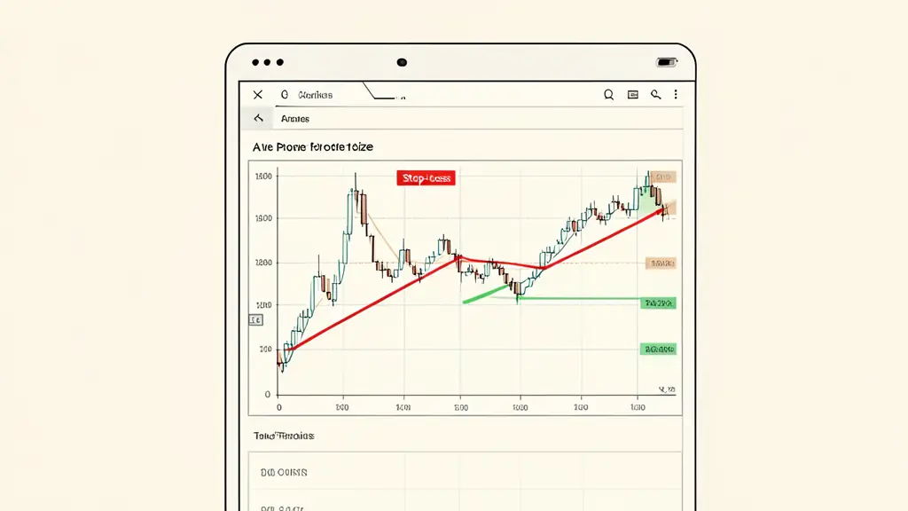A detailed close-up of a trading interface showing a calculated position size, a clearly marked stop-loss line in red and a take-profit line in green on a candlestick chart.