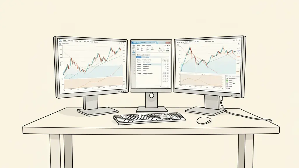 A professional trader's desk with multiple monitors showing trading charts and a checklist for profit targets and risk limits