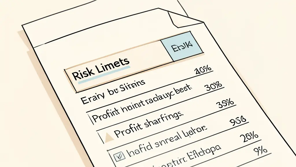 A close-up of a financial contract with highlighted sections on risk limits and profit sharing percentages