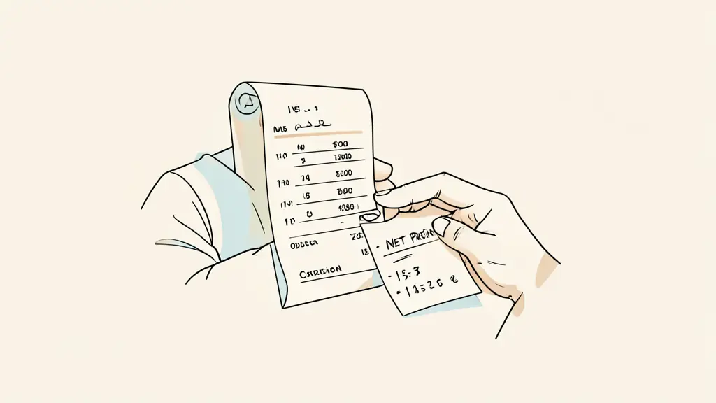 Editorial photograph of a trader reviewing an order ticket, price chart and handwritten net profit calculation, no visible text or logos