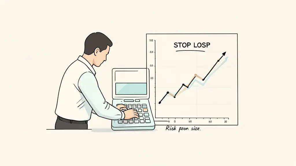 Editorial photograph of a trader reducing position size on a risk calculator beside a falling chart and a handwritten stop loss level, no visible text or logos