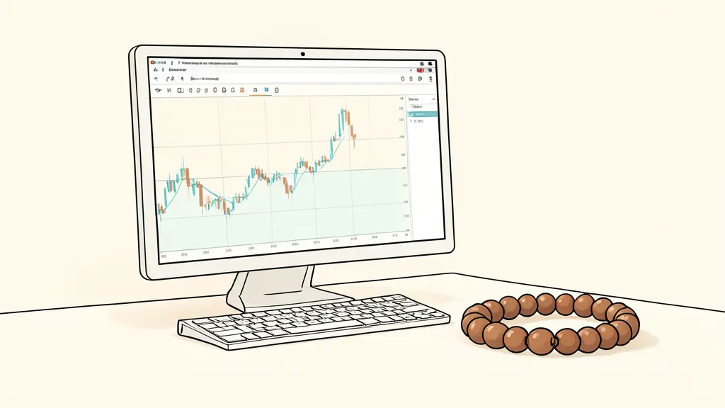 A close-up of a professional trading screen showing a clean financial chart, next to a wooden prayer bead bracelet on a desk, editorial style, no text
