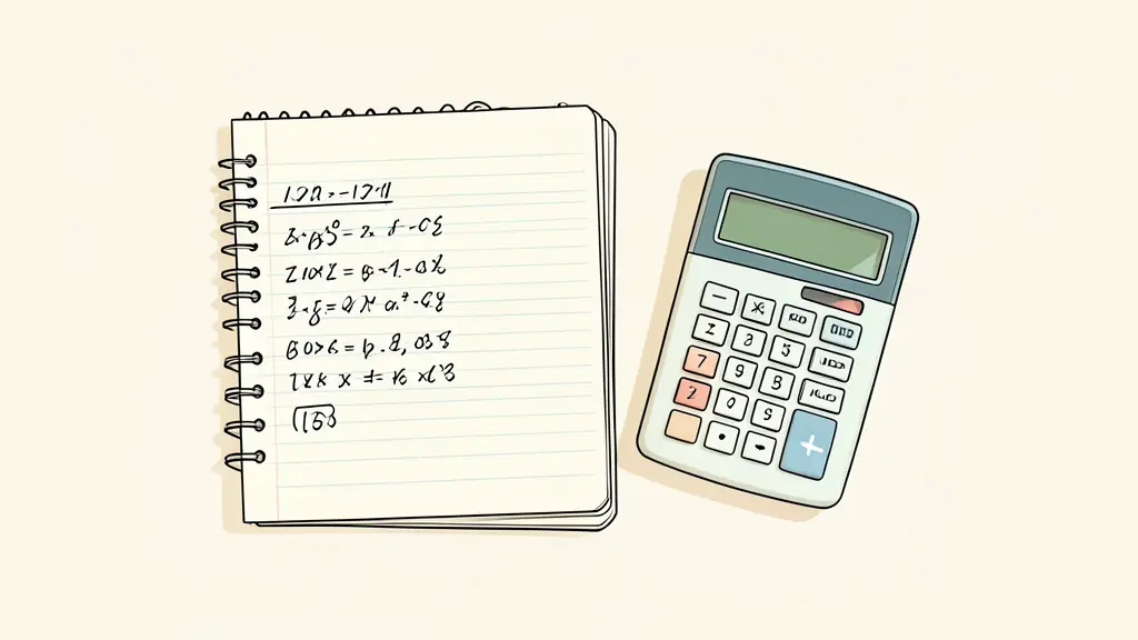 A top-down view of a notebook with a handwritten calculation table and a calculator, next to a small charity donation box, editorial style, no text