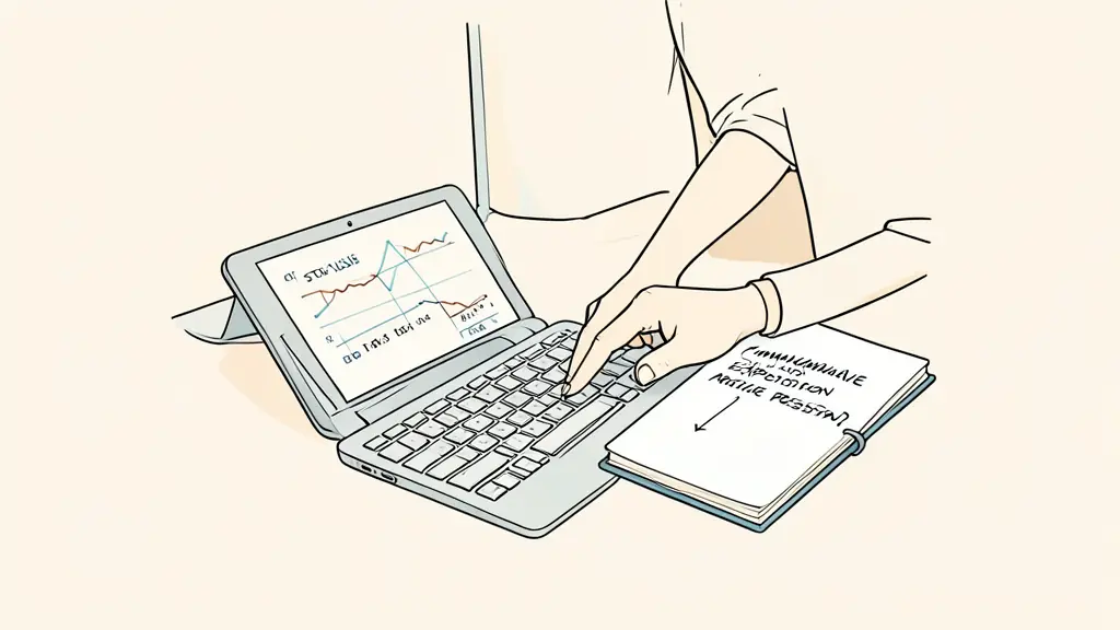 Trader checking a stop-loss level and cumulative exposure across three positions, with a handwritten risk journal beside the keyboard, editorial photography, no text, no logo