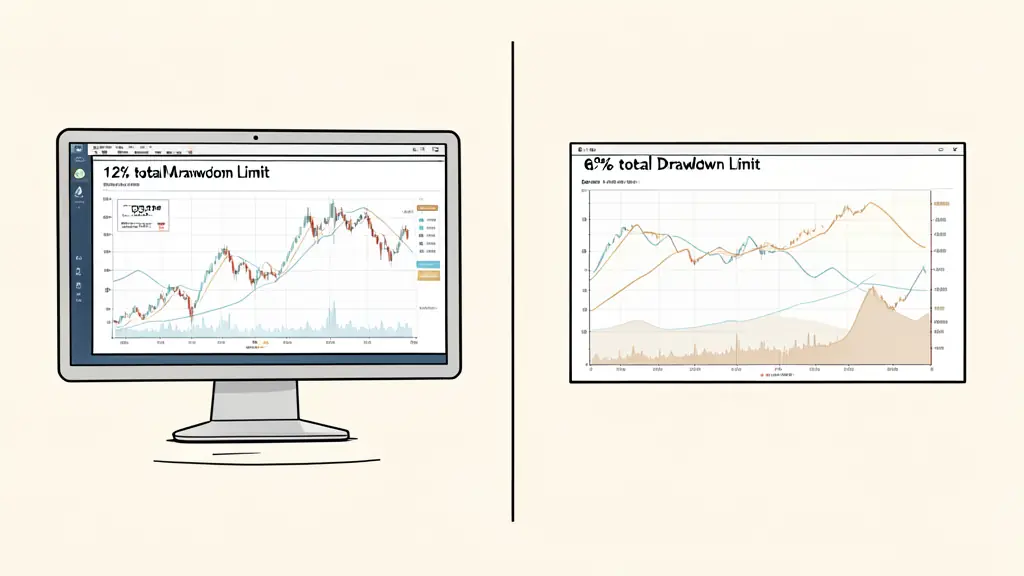 A split screen showing a professional trading workstation with two different risk management charts, one showing a 12% total drawdown limit and another showing a 6% limit, editorial style, high resolution
