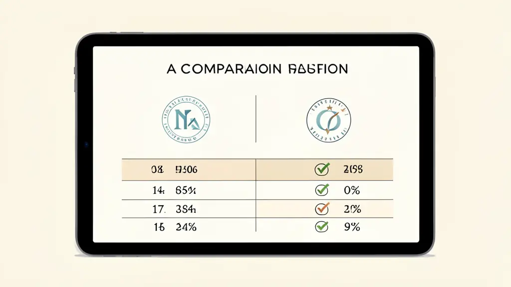A professional comparison table on a digital tablet screen, showing two company logos side by side with checkmarks and percentage values, editorial style, neutral background